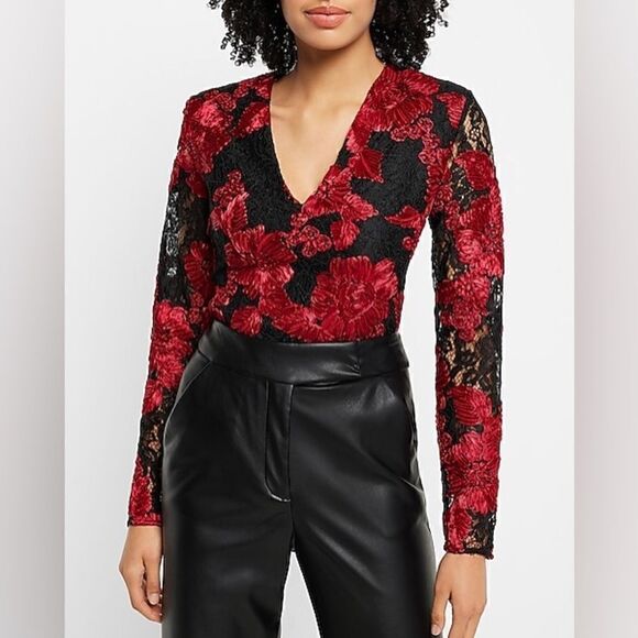 NWT Express Ruby red and black lace floral embroidered thong bodysuit Sz S - Picture 1 of 12